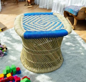 Pouf de canne en bambou de couleur bleue et chamois antique et écologique pour salon, jardin extérieur, hôtel, console d'incrustation d'os - Product Image 3