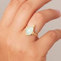Bague de fiançailles classique en argent sterling 925 massif et or 18 carats, sertie d'une véritable chalcédoine aqua taillée en poire à facettes