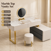 Ensemble coiffeuse de luxe avec plateau en marbre personnalisé et éclairage LED, miroir, tabouret et meuble de rangement pour chambre à coucher