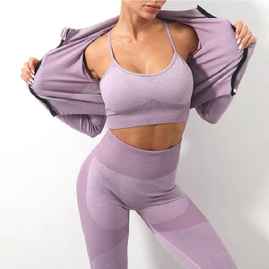 Ensemble de leggings de yoga sans couture grande taille pour femme, pour le sport intensif, leggings à taille élastique avec effet push-up, avec soutien-gorge, motifs unis - Product Image 1