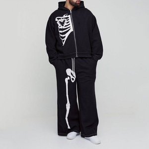 Custom Oversized Rhinestone Tracksuits Baggy Style Acid Washed Tracksuits Zip up Hoodie and <b>Sweatpants</b> <b>Set</b> for Men - Product Image 2