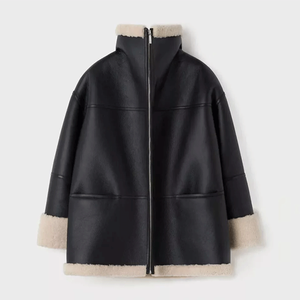 Chaqueta de cuero negro con cremallera para mujer Abrigo de piel de oveja Prendas de abrigo Chaqueta de bombardero elegante para mujer - Product Image 4