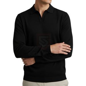 Polo à col Johnny noir pour homme, manches longues, tricoté, patte de boutonnage ouverte, col en V, coupe ajustée décontractée, pull tendance, luxe - Product Image 3