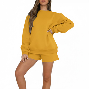 Ensemble sweat-shirt et short décontracté pour femme, col rond, manches longues, couleur unie, tricot d'hiver, vente en gros - Product Image 6