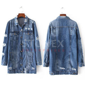 แจ็กเก็ตผ้ายีนส์ตัวยาวของผู้หญิงที่มีรูขาดและมีพู่ดีไซน์เทรนด์แฟชั่นยุโรปและอเมริกาตามสั่ง - Product Image 1