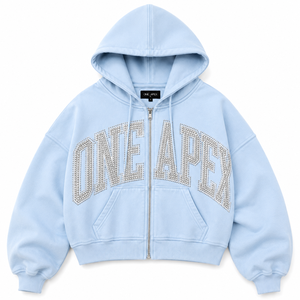เสื้อฮู้ดซิปครอปโอเวอร์ไซส์สำหรับผู้หญิง สีฟ้าอ่อน ผ้าคอตตอนหนานุ่ม ประดับคริสตัลด้านหน้า ไซส์พลัส สไตล์สตรีทแวร์ - Product Image 3