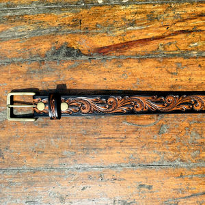 Ceinture en cuir véritable sculptée à la main de style western classique vintage avec boucle en laiton massif durable finition OEB - Product Image 4