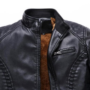 Veste en cuir véritable pour homme, style moto d'hiver, col montant, fermeture éclair, doublure chaude, veste en cuir de vache - Product Image 4