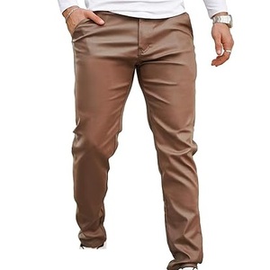 Pantalon en cuir véritable pour homme, couleur marron uni, taille haute, coupe droite, style régulier, fermeture éclair non tissée, anti-rides - Product Image 1