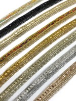 Vente en gros de garnitures en dentelle jacquard métallique crochetée de haute qualité, couleur personnalisée, avec perles dorées et strass, lavables, pour vêtements et chaussures