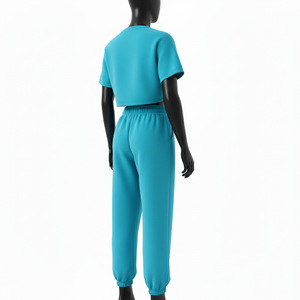 ชุดเซ็ตผู้หญิงคุณภาพสูง ผ้าฝ้ายผสมโพลีเอสเตอร์ 300 GSM แบบฟลีซ เสื้อครอปท็อป กางเกงจ็อกเกอร์ สีเทอร์ควอยซ์ ปักโลโก้ด้วยผ้าเชนิลล์  รับสั่งทำตามแบบ - Product Image 5