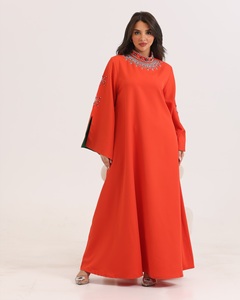 Venta al por mayor personalizado de lujo pequeño satén Abaya Kaftan de seda alta ropa islámica de las mujeres con mangas con volantes estilo de Dubai para los musulmanes - Product Image 1
