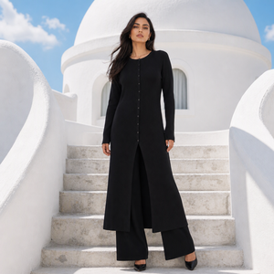 Set Abaya a <span class=keywords><strong>Due</strong></span> Pezzi in Maglia Loriya, Top Tunica con Collo Tondo e Bottoni Frontali, Spacco Lungo sul Davanti e Pantaloni a Gamba Larga, Abbigliamento Musulmano - Product Image 4