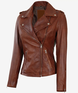 Brown Leather Jacket for Women Fashionable Two Zipper Pocket <b>Long</b> Clothing with Fabric Material for Wholesale Biker Jackets - Product Image 6
