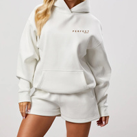 Setelan Wanita Oversize Putih Solid dengan Resleting Setengah, 2-Potong, Sweatshirt & Celana Pendek dari Katun Fleece, Ramah Lingkungan, Bernapas, Tracksuit