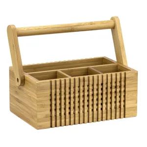 Caddy en bois avec manche en métal Fabricant de gros Rangement d'ustensiles de cuisine Caddy en bois d'acacia Fournisseur