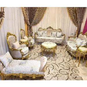 Juego de sofá europeo de 10 plazas para sala de estar, exclusivo sofá de sala de estar tallado dorado blanco pulido, juego de sofá de madera de teca real - Product Image 1