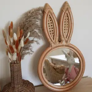 Vintage Hanging Rattan Framed Little Bear Mirror - trending rattan style Mirror - Animal shaped Mirror for Kid rooms