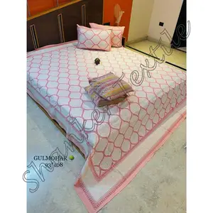 Latest New Indian Queen Size Bed Sheet Cover Handmade Cotton Bedding Jaipuri Bed Sheet 2 Pillow Set Coverlet Sets Bed Sheets Set