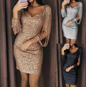 Novo vestido bodycon com borla, feminino, lantejoulas, manga longa, para festa, clube, coquetel, vestido de noite