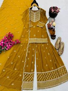 Nuevo Conjunto de Top, Pantalón Palazzo y Dupatta para Mujer, Diseño de Fox Georgette con Bordado y Lentejuelas, Reversible, de Secado Rápido, Ideal para Bodas, Diwali y Fiestas - Product Image 5