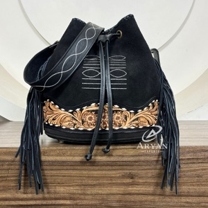 OEM Sac seau pour femmes en cuir suédé usiné à la main avec point de botte personnalisé Sacs à bandoulière vintage en cuir véritable à bandoulière unique - Product Image 1