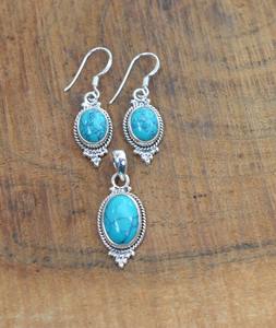 Boucles d'oreilles classiques pendentif ensemble bijoux pour femmes argent Boho Style bijoux 925 argent Sterling Turquoise pierre précieuse à la main - Product Image 1