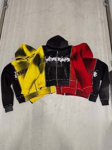 OEM Sweat à capuche pour homme, style streetwear, imprimé numérique, hiver, avec strass, effet délavé soleil, oversize, en coton, délavé à l'acide, coupe carrée, 3 fermetures éclair, molleton standard - Product Image 6