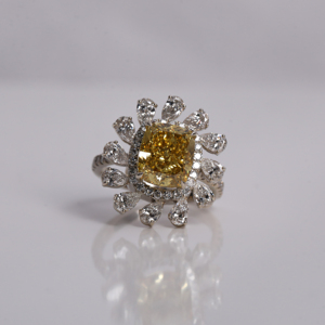 Custom Flower Shape Yellow <b>Cushion</b> Cut Lab Created Diamond Halo Setting 14KT Solid Gold Engagement Ring Luxurious Gift for Women - Product Image 1
