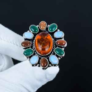 Amber Green <b>Onyx</b> Sunstone Ring Handmade 925 Sterling Silver Luxury Boho Jewelry Multi Gemstone Rhodium Plated Valentine's Gift - Product Image 5