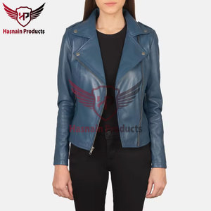 Womens Real Blue Leather Biker Jacket Asymmetric Zip Lapel Collar Sheepskin <b>Coat</b> <b>Zipper</b> Pockets Slim Fit Custom Outwear New Look - Product Image 3