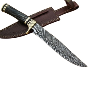 Cuchillo Bowie de caza de acero de Damasco hecho a mano personalizado, mango de Micarta, Funda de cuero, hermoso fabricante de cuchillos OEM de grado DIY. - Product Image 1