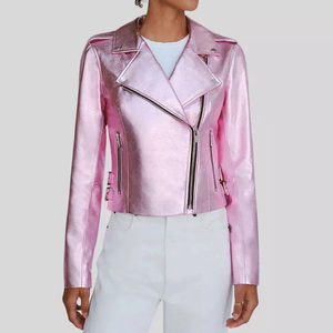 Blouson motard en cuir rose métallisé pour femme - Product Image 3