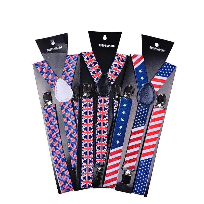 女性と男性のためのクリップ付きコスチュームアメリカ国旗弾性サスペンダー7月4日卸売格安価格