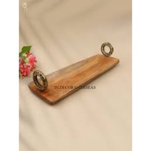 Bandeja de servicio de forma redonda hecha de madera de acacia de calidad superior con asas de Metal de diseño de hojas y flores pulidas brillantes plateadas - Product Image 4