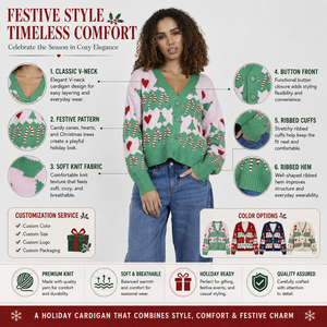 Cardigan natalizio da <span class=keywords><strong>donna</strong></span> in maglia jacquard con scollo a V, motivo a bastoncino di zucchero, albero e cuore, a maniche lunghe, corto, per le feste - Product Image 3