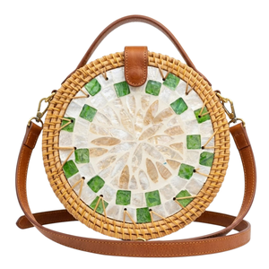 Bolso de Ratán y Cuero Personalizado con Madreperla para Mujer, Bolso de Playa de Ratán, Venta al por Mayor Directa de Fábrica, Precios Económicos, Tamaño Personalizable - Product Image 1