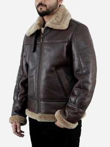 <b>jacket</b> for <b>men</b> <b>Sheepskin</b> High Quality <b>Men</b> Aviator Brown Leather Canvas <b>Jacket</b> Mandarin Collar Flight <b>Jacket</b> Formal <b>Flying</b> Pilot - Product Image 3