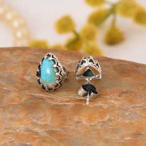 Handmade Kingman Turquoise Sterling <b>Silver</b> <b>Stud</b> <b>Earrings</b> Boho Tribal Jewelry - Product Image 2