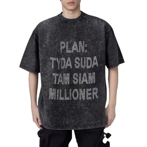 Camisetas al por mayor personalizadas para hombre, de algodón grueso, estampadas, vintage, con lavado ácido, con pedrería y diamantes de imitación, de corte holgado y corto - Product Image 1