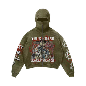 Cagoule à capuche pour hommes de grande taille vintage imprimé de qualité supérieure avec lavage à la pierre sur l'épaule avec fermeture éclair complète sweats à capuche thermiques américains 100% coton - Product Image 4