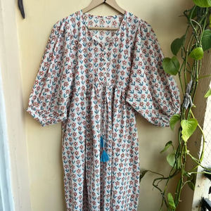 100% coton femmes robe mi-longue main bloc impression cou chaîne fermeture respirant été pique-nique porter automne hiver grande idée cadeau - Product Image 1