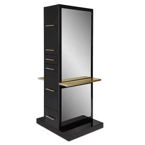Estación de Espejo Negra para Salón de Belleza, Mueble de Peluquería con Cajones y Estante Dorado, Mobiliario Comercial para Barbería - Product Image 1