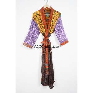 High Quality 100% Silk V-neck Full-Length Patchwork Kimono Robe with Drawstring Closure for Spring/Summer Luxury Lounge Wear - Product Image 6