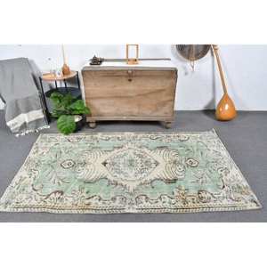 Alfombra rústica de lana verde Beige de 3,7x6,7 pies hecha a mano área grande rectángulo turco Patchwork abstracto pasillo patrón alfombra de habitación de látex - Product Image 1