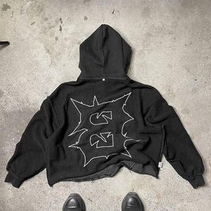 Custom Vintage Embroidery Acid Wash <b>Full</b> <b>Zip</b> up Mens 100% Soft Combed Cotton Denim Heavyweight 3d Patches Distressed <b>Hoodie</b> - Product Image 4