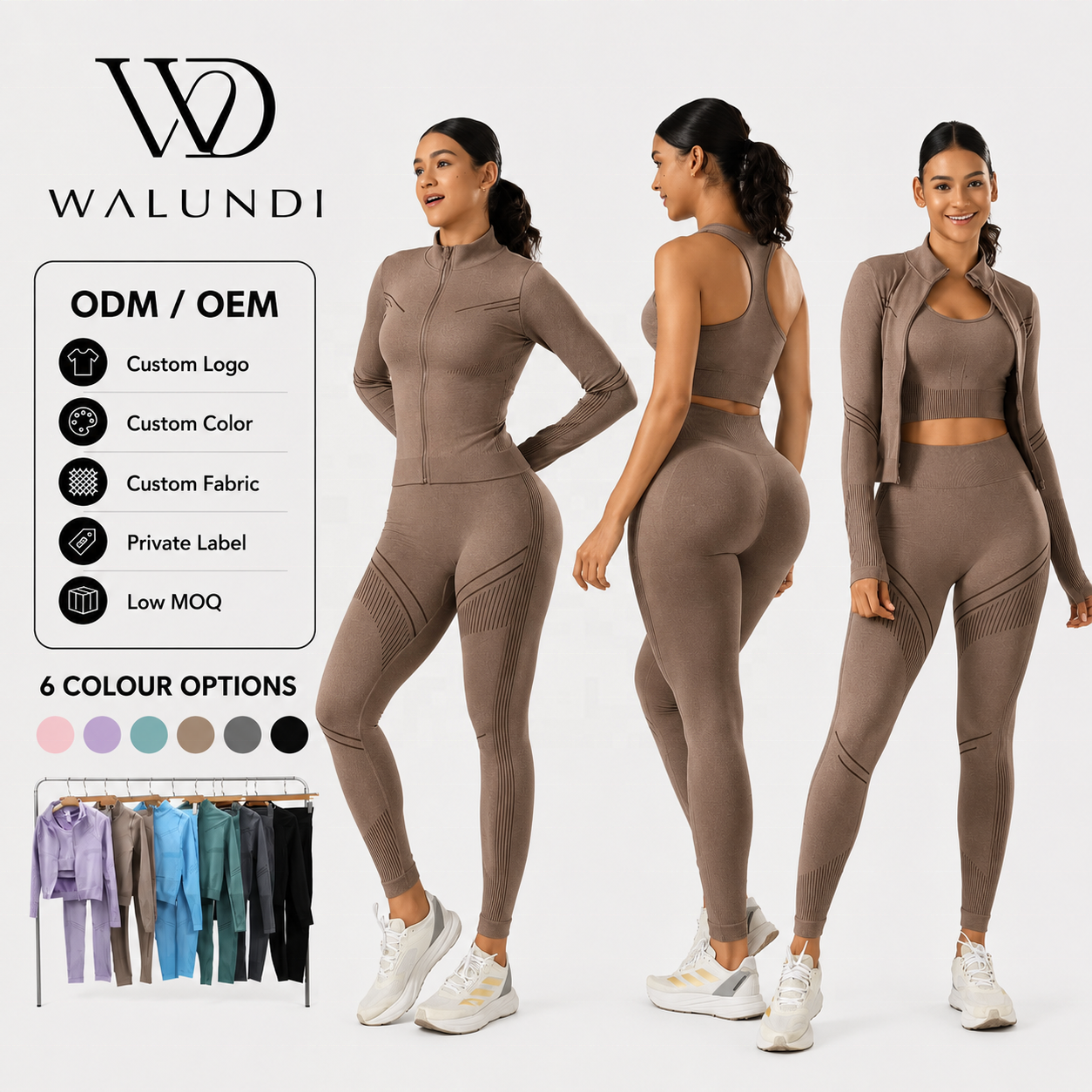 OEM 3 Piece Fitness Yoga Gym Set Women Ribbed Full Zip Jacket Sports Bra High Waist Leggings Butt Lift Workout Outfits Set