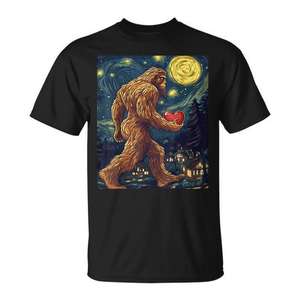 Camiseta con Diseño de la Noche Estrellada de Van Gogh y Bigfoot Sasquatch para el Día de San Valentín - Camiseta Promocional - Product Image 1