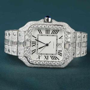 Montre automatique personnalisée en diamant Baguette Moissanite avec cadran romain élégant boîtier analogique bracelet en acier Style Hip Hop blanc simple - Product Image 1