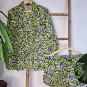 Indian Block-Print Floral Design Cotton Satin Long Sleeve <b>Top</b> Knee-Length <b>Shorts</b> <b>Set</b> for Women Casual Style with Button Closure - Product Image 1